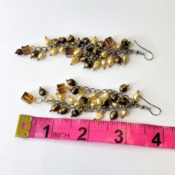 Gold and Beige Pearls and Bead Earrings Light Gold Brown Earrings - Picture 5 of 7